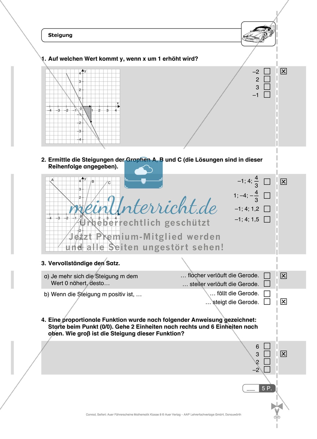 Lineare Funktionen: Steigung, Gleichung und Graph von linearen Funktionen. Enthält Schnelltest und Lösungen. Preview 2