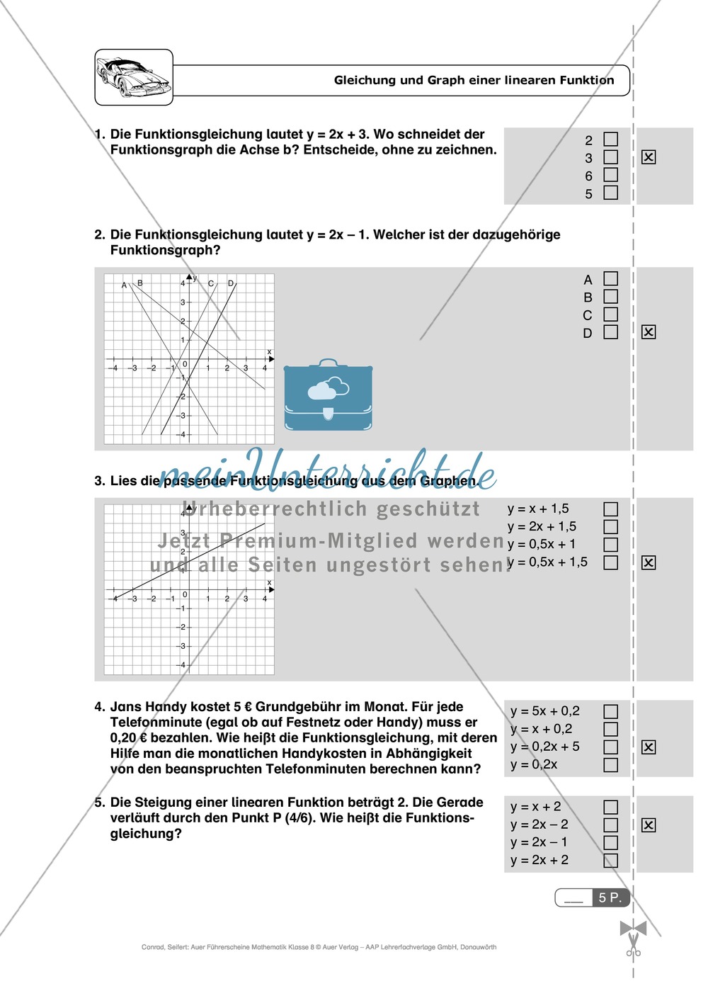 Lineare Funktionen: Steigung, Gleichung und Graph von linearen Funktionen. Enthält Schnelltest und Lösungen. Preview 3