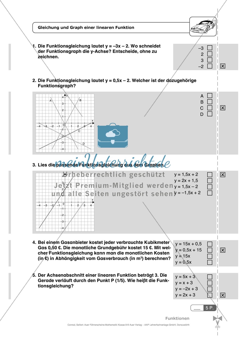 Lineare Funktionen: Steigung, Gleichung und Graph von linearen Funktionen. Enthält Schnelltest und Lösungen. Preview 4