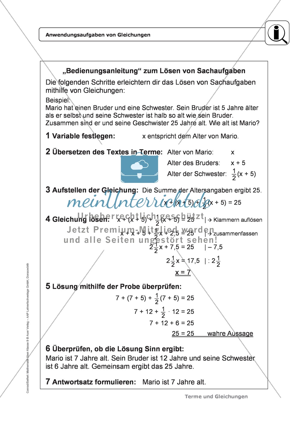 Anwendungsaufgaben und Textaufgaben von Gleichungen Preview 1