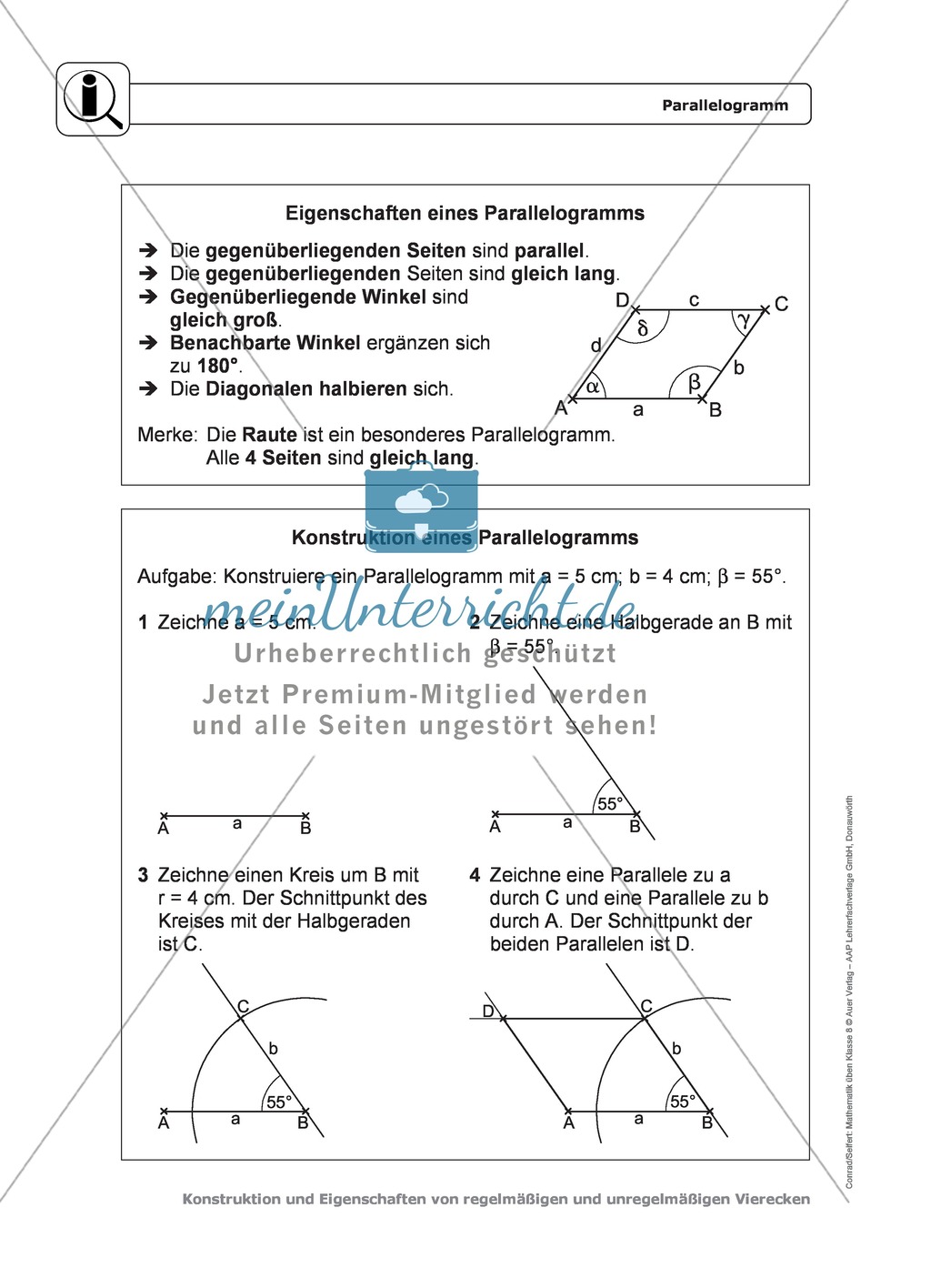 Geometrie: Eigenschaften und Konstruktion von Parallelogrammen - Infotext + Aufgaben + Lösungen Preview 1