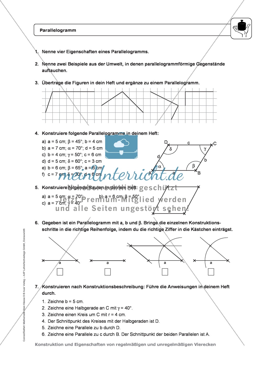 Geometrie: Eigenschaften und Konstruktion von Parallelogrammen - Infotext + Aufgaben + Lösungen Preview 2