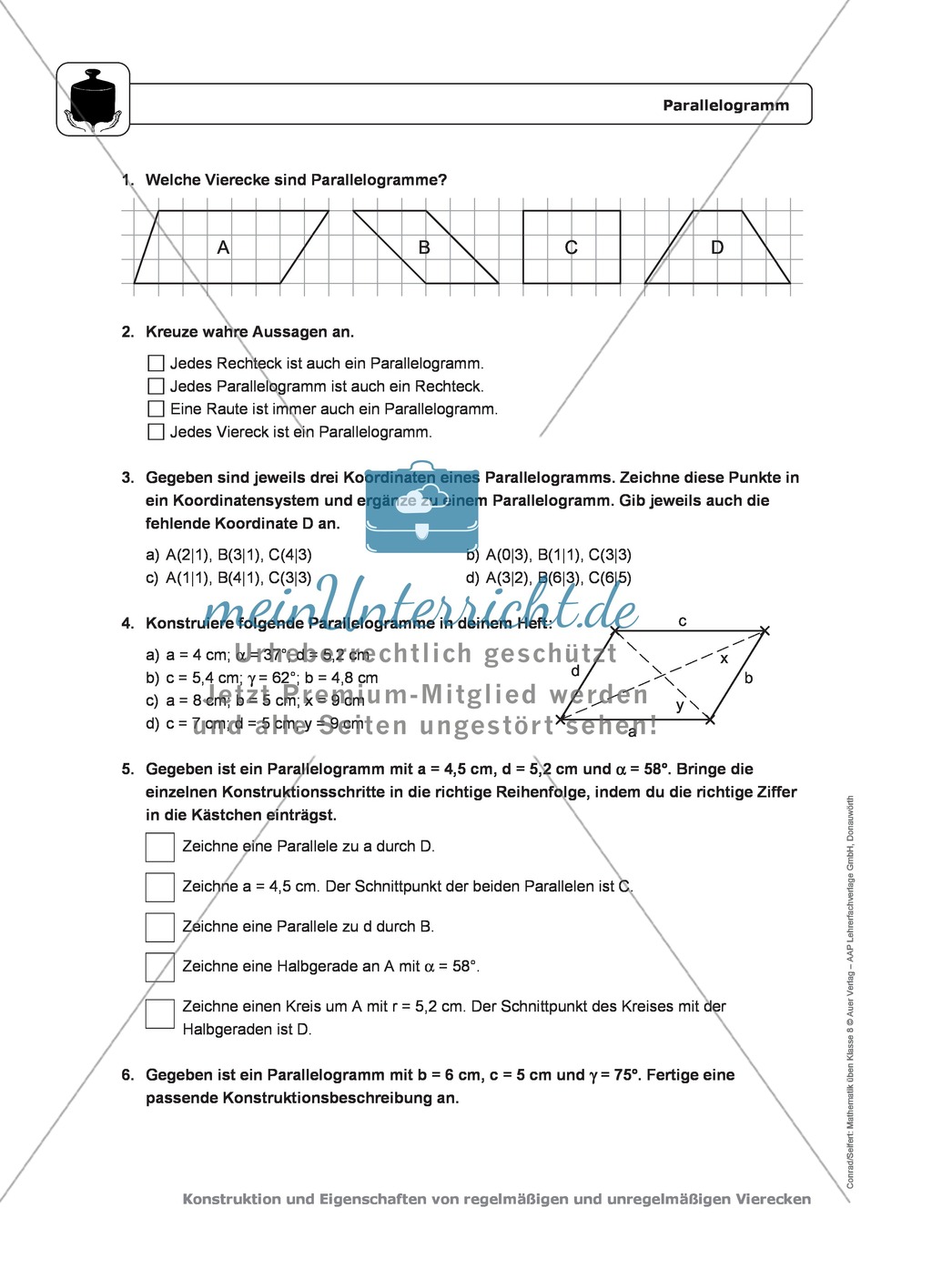 Geometrie: Eigenschaften und Konstruktion von Parallelogrammen - Infotext + Aufgaben + Lösungen Preview 3