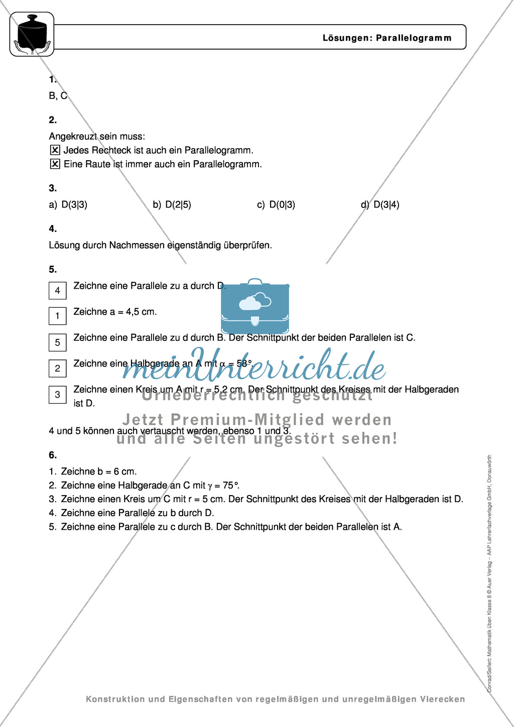 Geometrie: Eigenschaften und Konstruktion von Parallelogrammen - Infotext + Aufgaben + Lösungen Preview 5