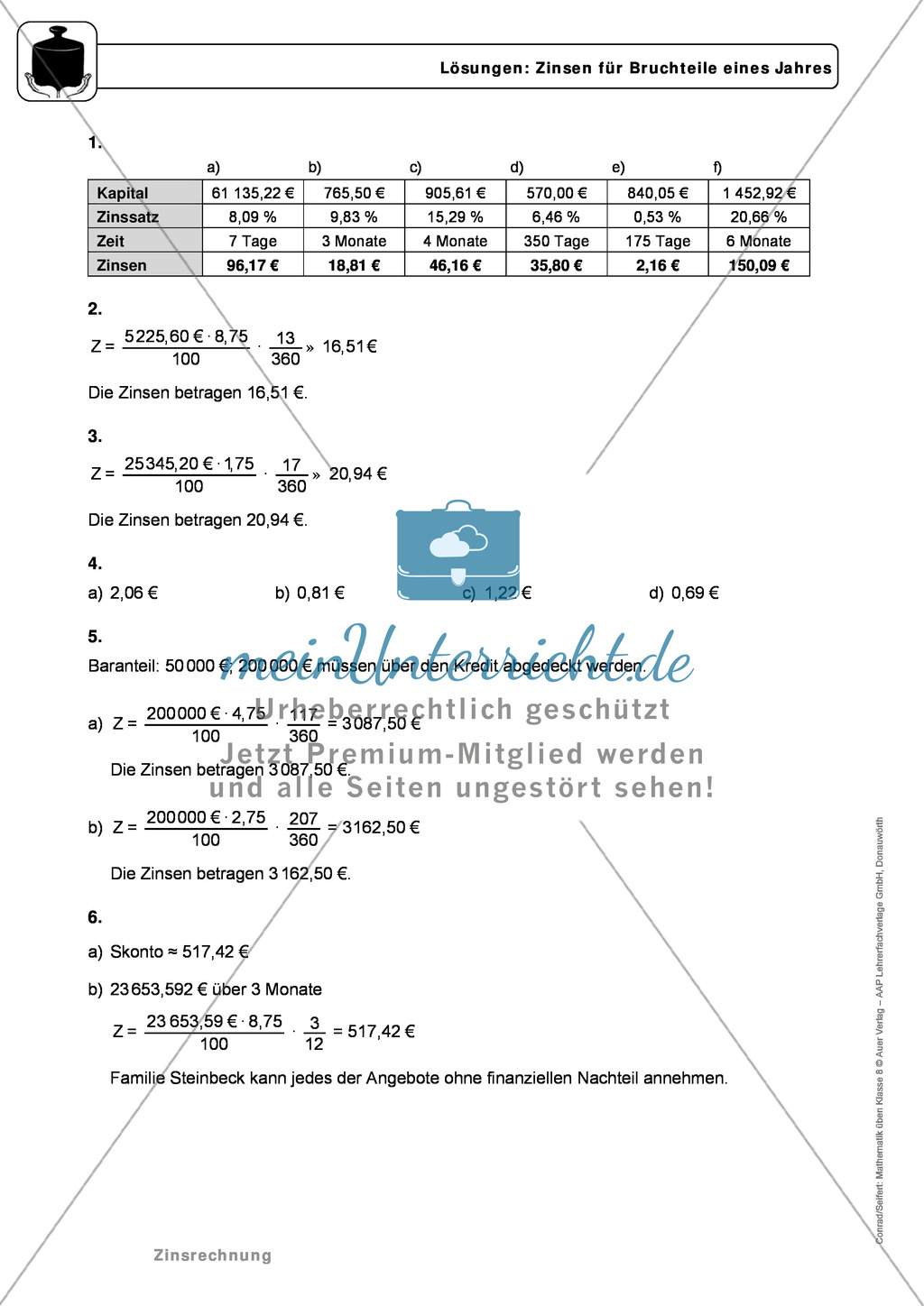 Zinsrechnung: Monatszinsen und Tageszinsen - Infotext + Beispiele + differenzierte Aufgaben + Lösungen Preview 10