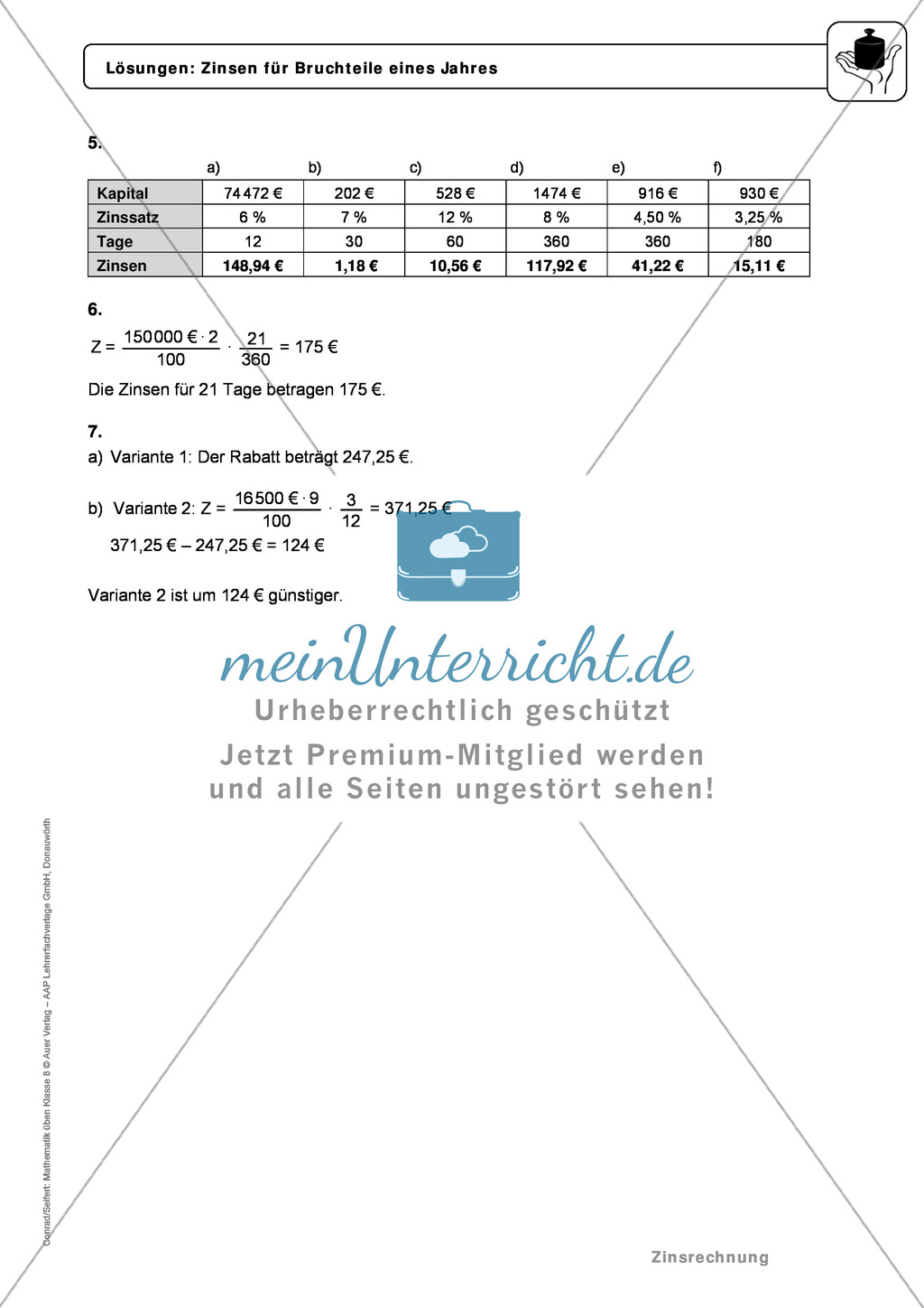 Zinsrechnung: Monatszinsen und Tageszinsen - Infotext + Beispiele + differenzierte Aufgaben + Lösungen Preview 9