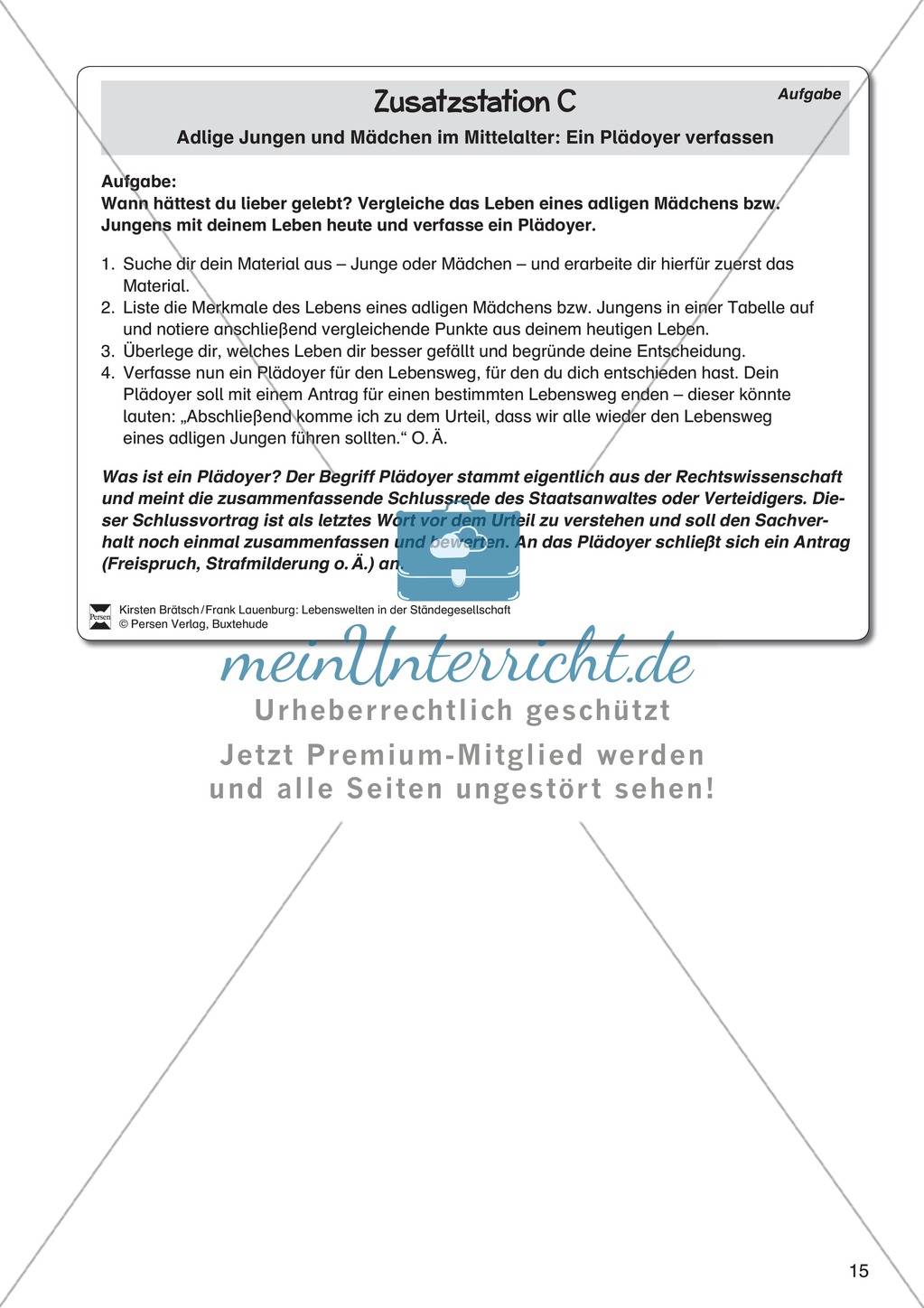 Adlige Jungen und Mädchen im Mittelalter: Ein Plädoyer verfassen. Lernstation Preview 1