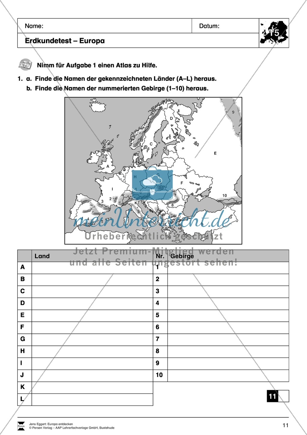 Der Kontinent Europa: Kreuzworträtsel + Erdkundetest - Topographie + Länder Preview 3