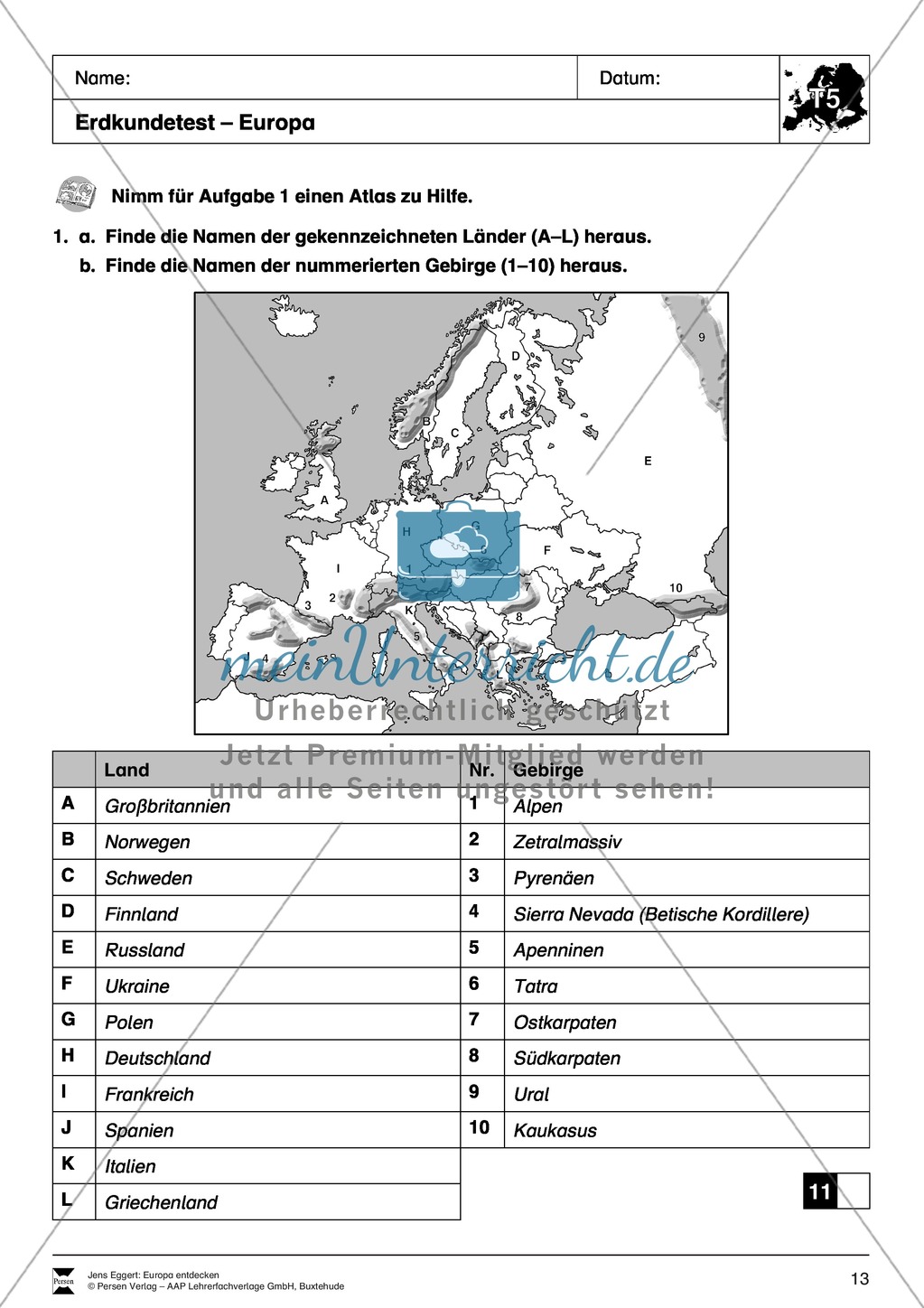Der Kontinent Europa: Kreuzworträtsel + Erdkundetest - Topographie + Länder Preview 5
