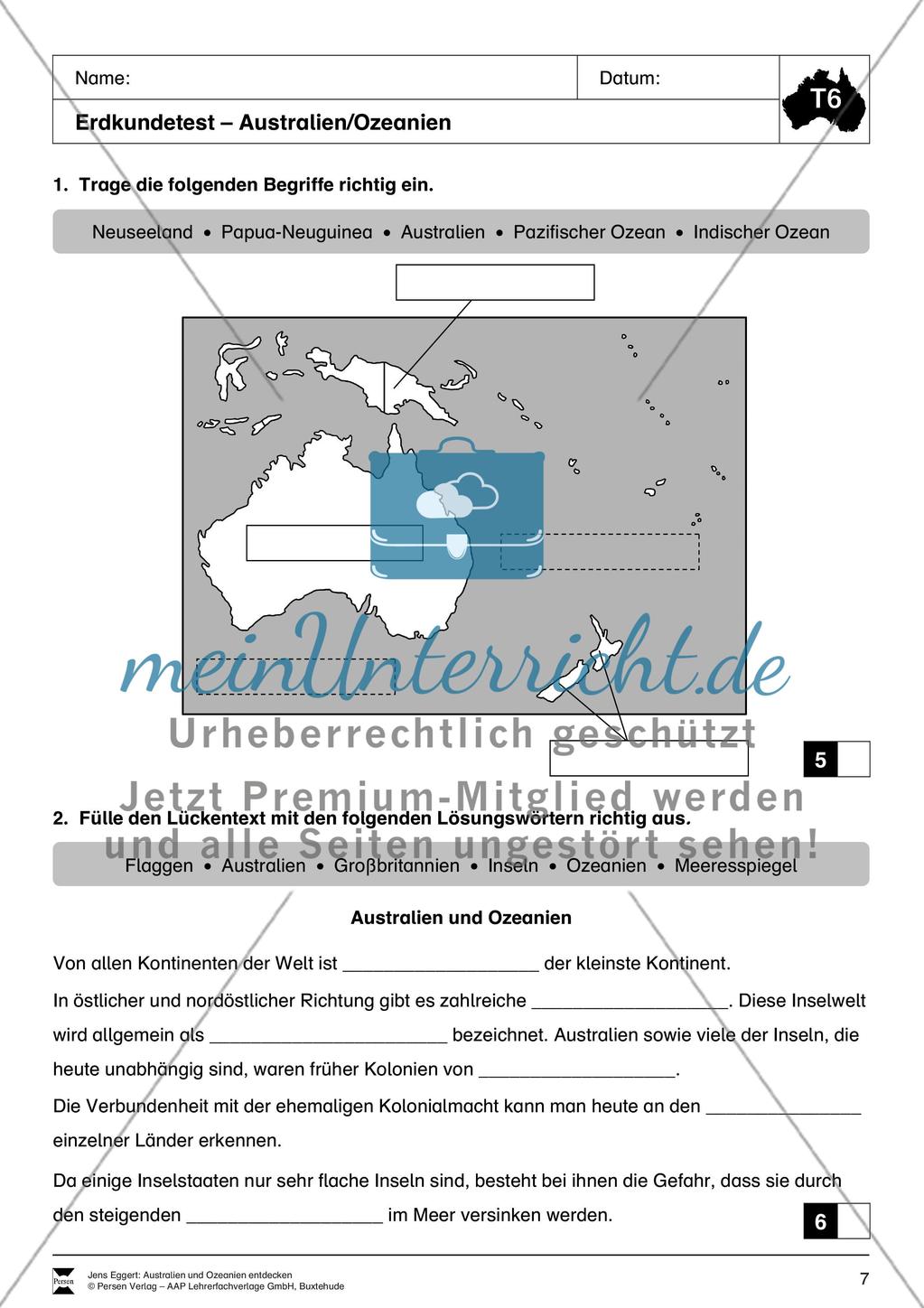 Der Kontinent Australien/Ozeanien: Erdkundetest - Topographie + Länder Preview 1