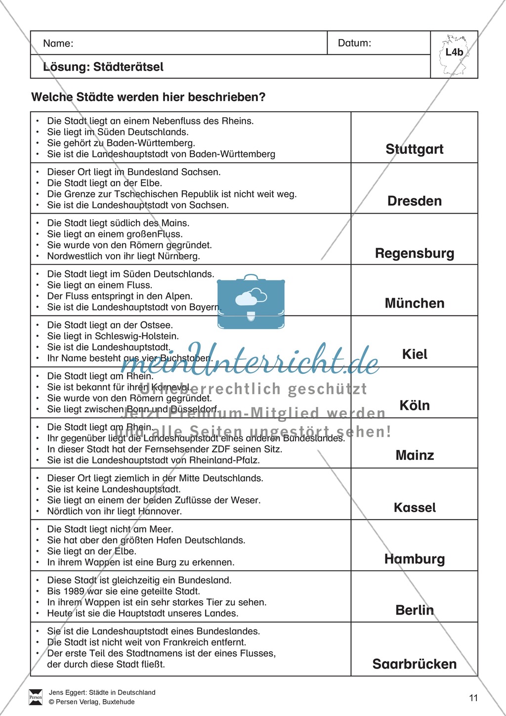 Städte in Deutschland: Räumliche Verteilung + Basisdaten + Städterätsel Preview 11