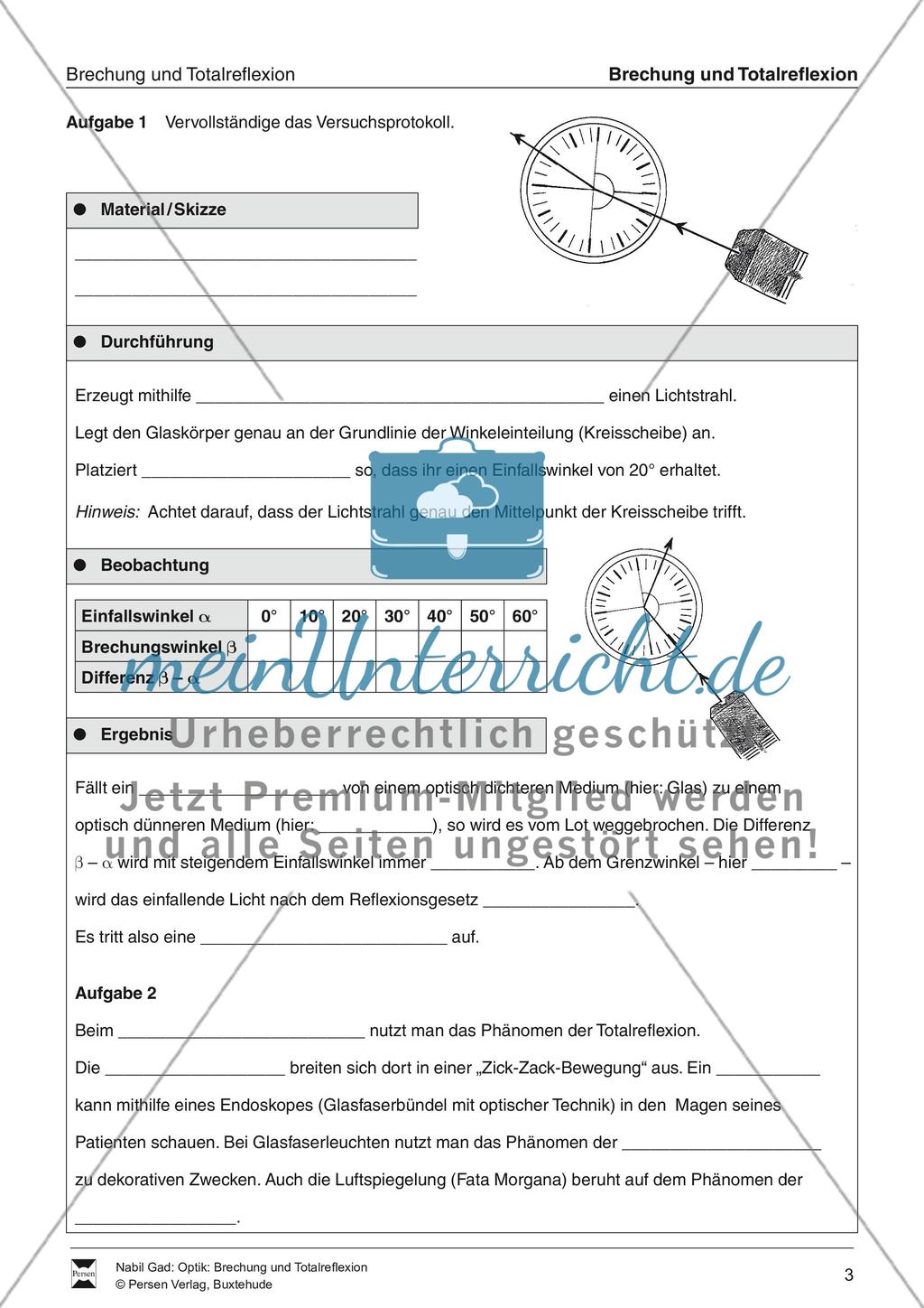 Optik - Brechung und Totelreflexion: Vorlage für Versuchsprotokolle zu Schülerexperimente Preview 3
