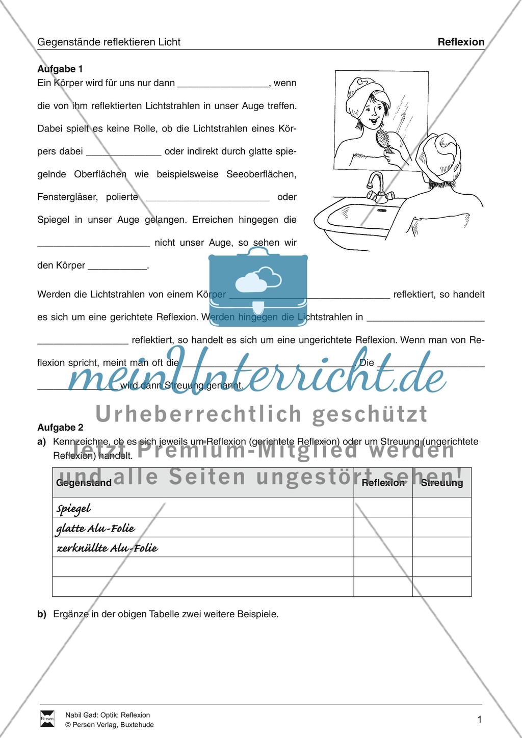 Optik - Reflexion: Lückentexte, Verständnis und Rechenaufgaben mit Lösungen Preview 1