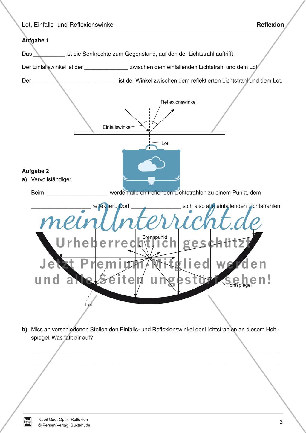 Optik - Reflexion: Lückentexte, Verständnis und Rechenaufgaben mit Lösungen Preview 3