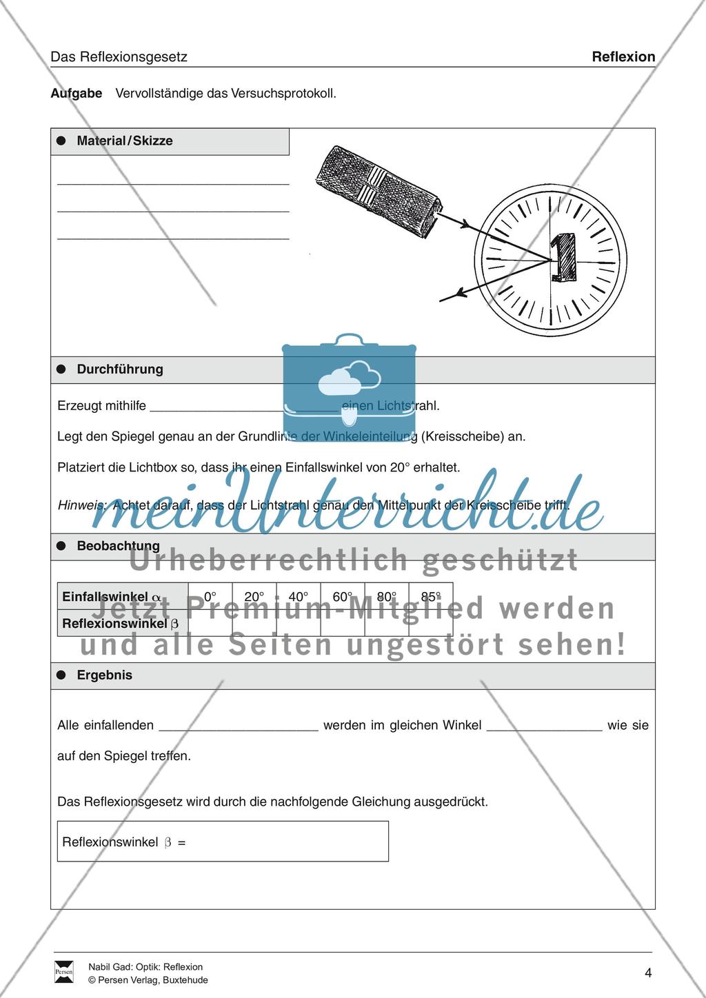 Optik - Reflexion: Lückentexte, Verständnis und Rechenaufgaben mit Lösungen Preview 4