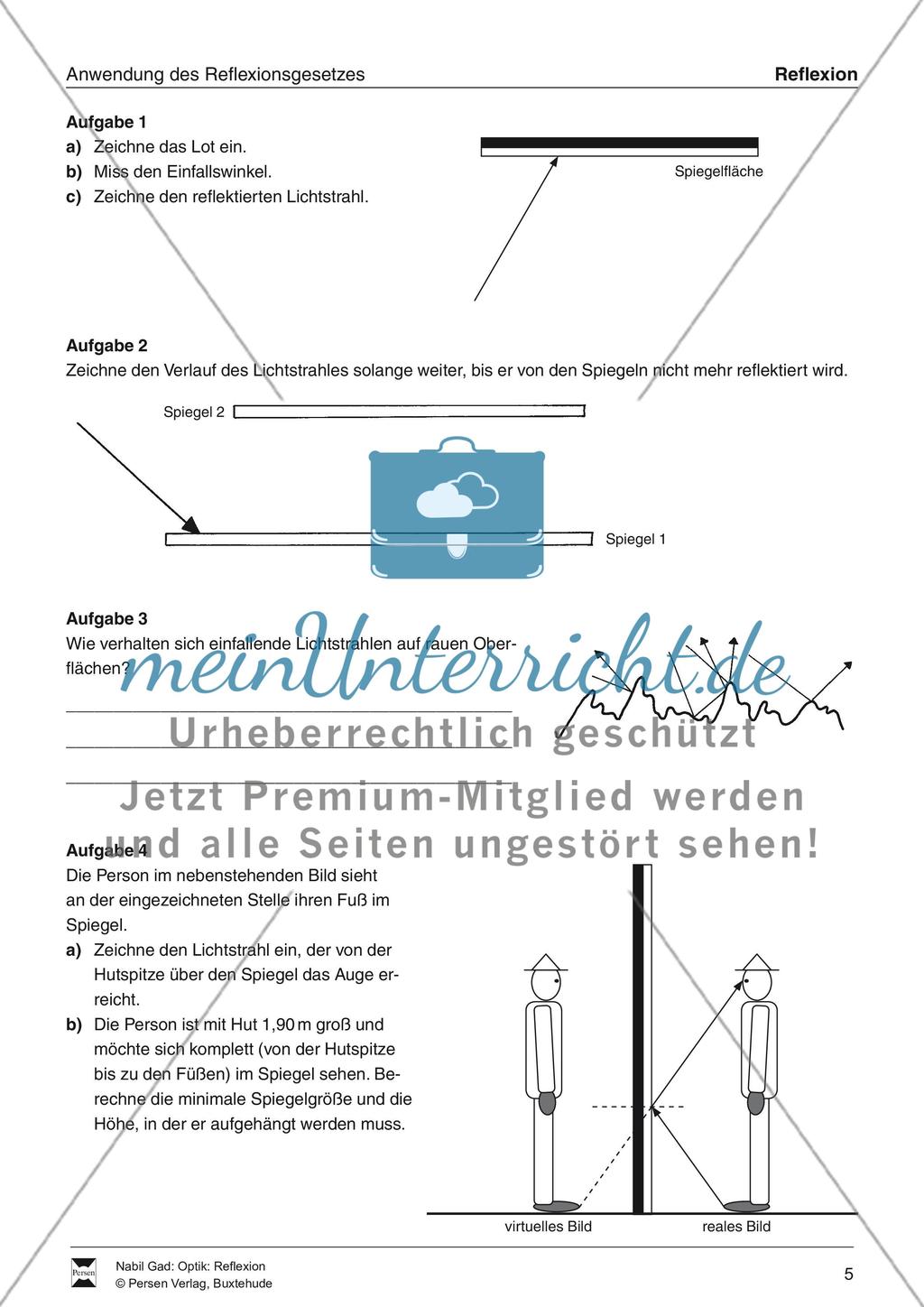 Optik - Reflexion: Lückentexte, Verständnis und Rechenaufgaben mit Lösungen Preview 5