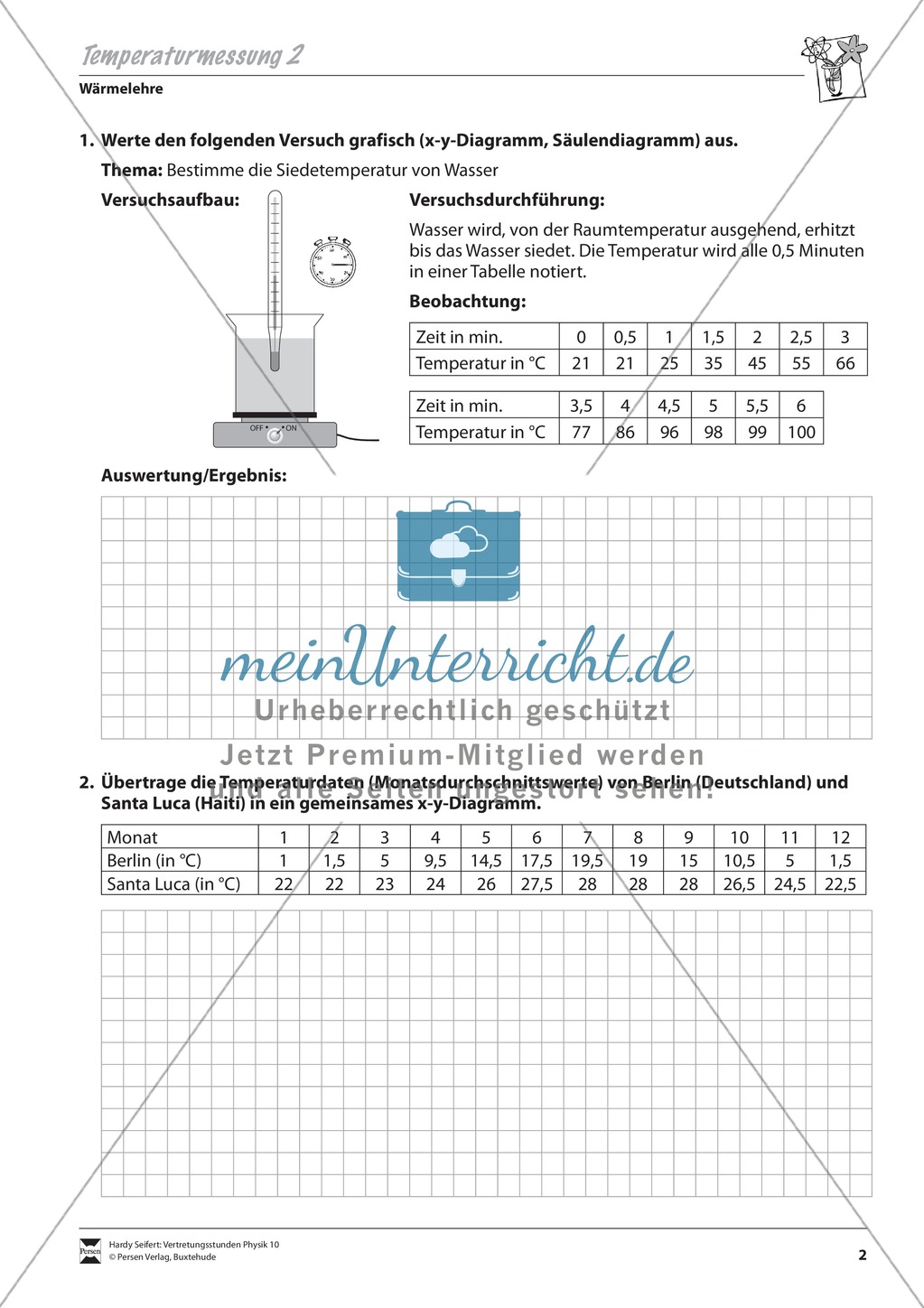 Wärmelehre: Unterrichtsentwurf zur Temperaturmessung: Protokollvorlagen + Aufgaben + Lösungen Preview 2