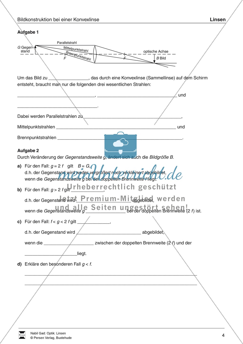 Optik - Bilderzeugung bei der Sammellinse: Vorlage Versuchsprotokoll + Aufgaben + Lösungen Preview 4