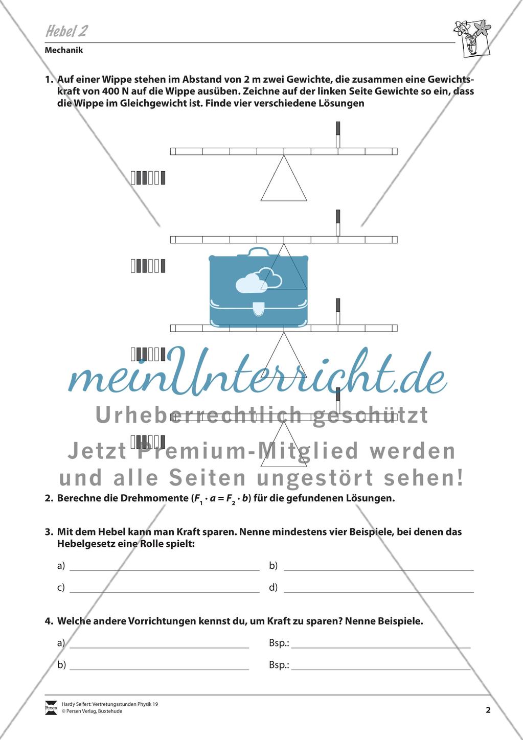 Mechanik: Die Hebelgesetze - Aufgaben und Lösungen Preview 2