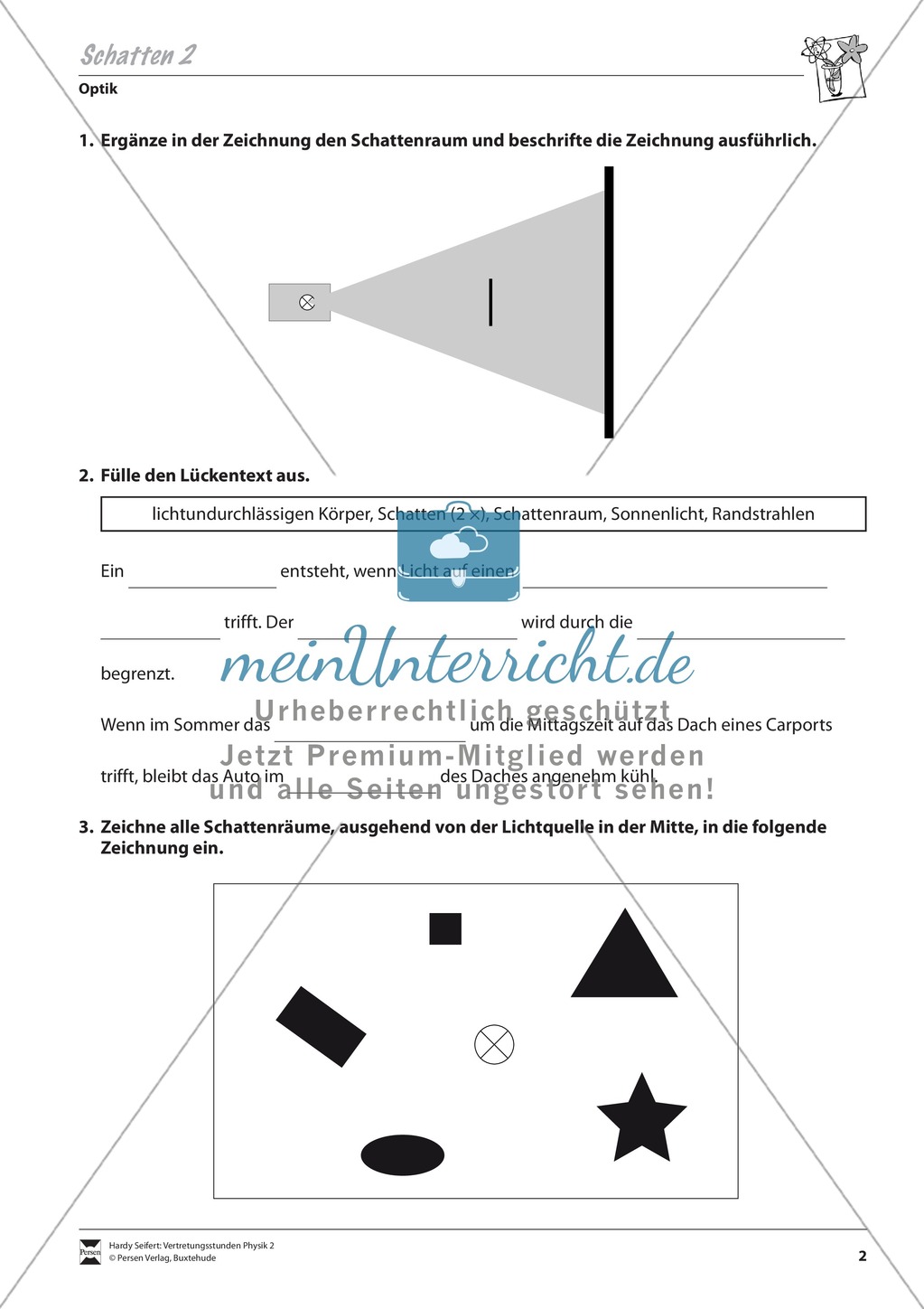 Optik: Schattenwurf an verschiedenen Objekten. Mit Aufgaben und Lösungen. Preview 2