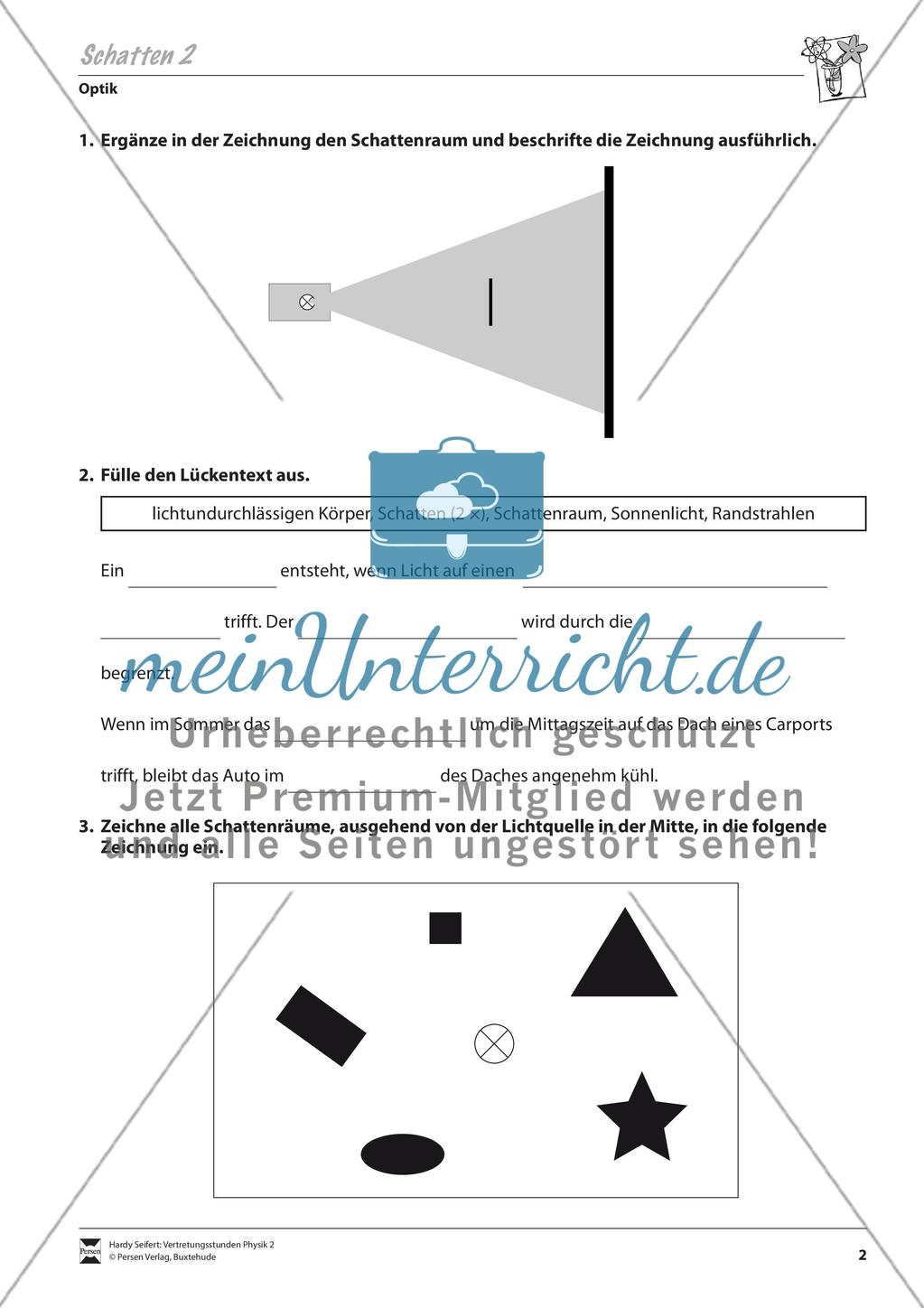 Optik: Schattenwurf an verschiedenen Objekten. Mit Aufgaben und Lösungen. Preview 2