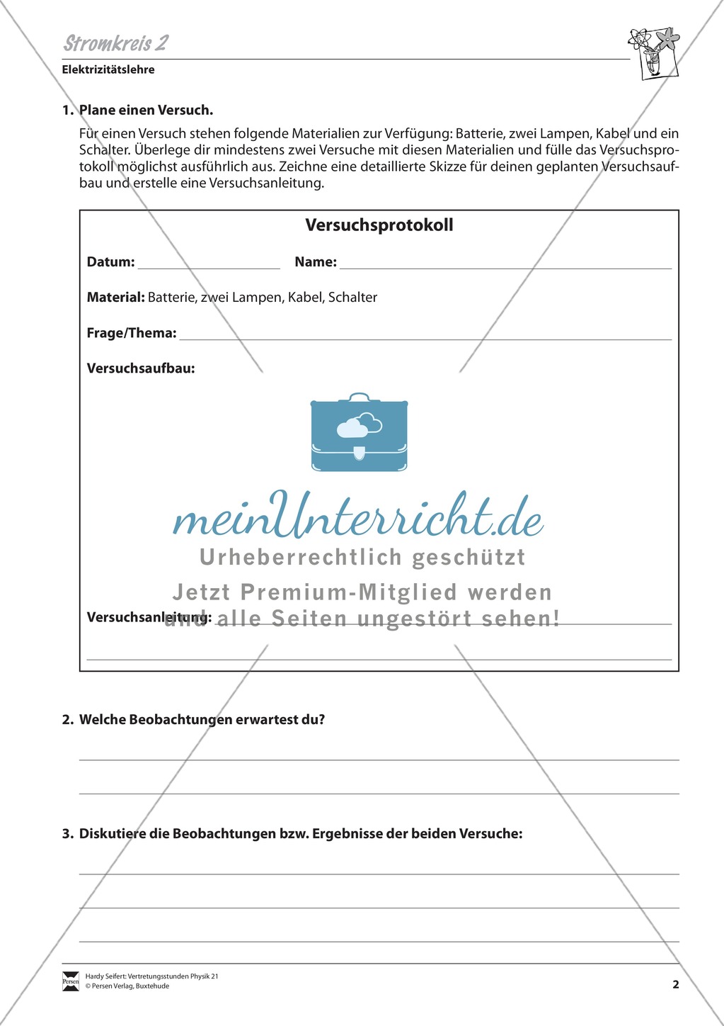 Elektrizitätslehre: Vorlage für ein Versuchsprotokoll zur Parallel- und Reihenschaltung von Lampen mit Lösungen Preview 2