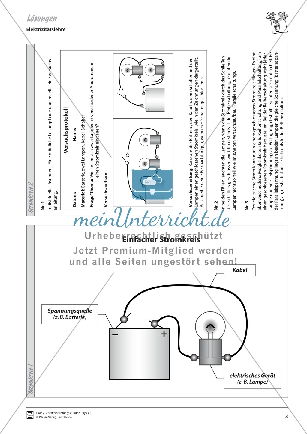 Elektrizitätslehre: Vorlage für ein Versuchsprotokoll zur Parallel- und Reihenschaltung von Lampen mit Lösungen Preview 3