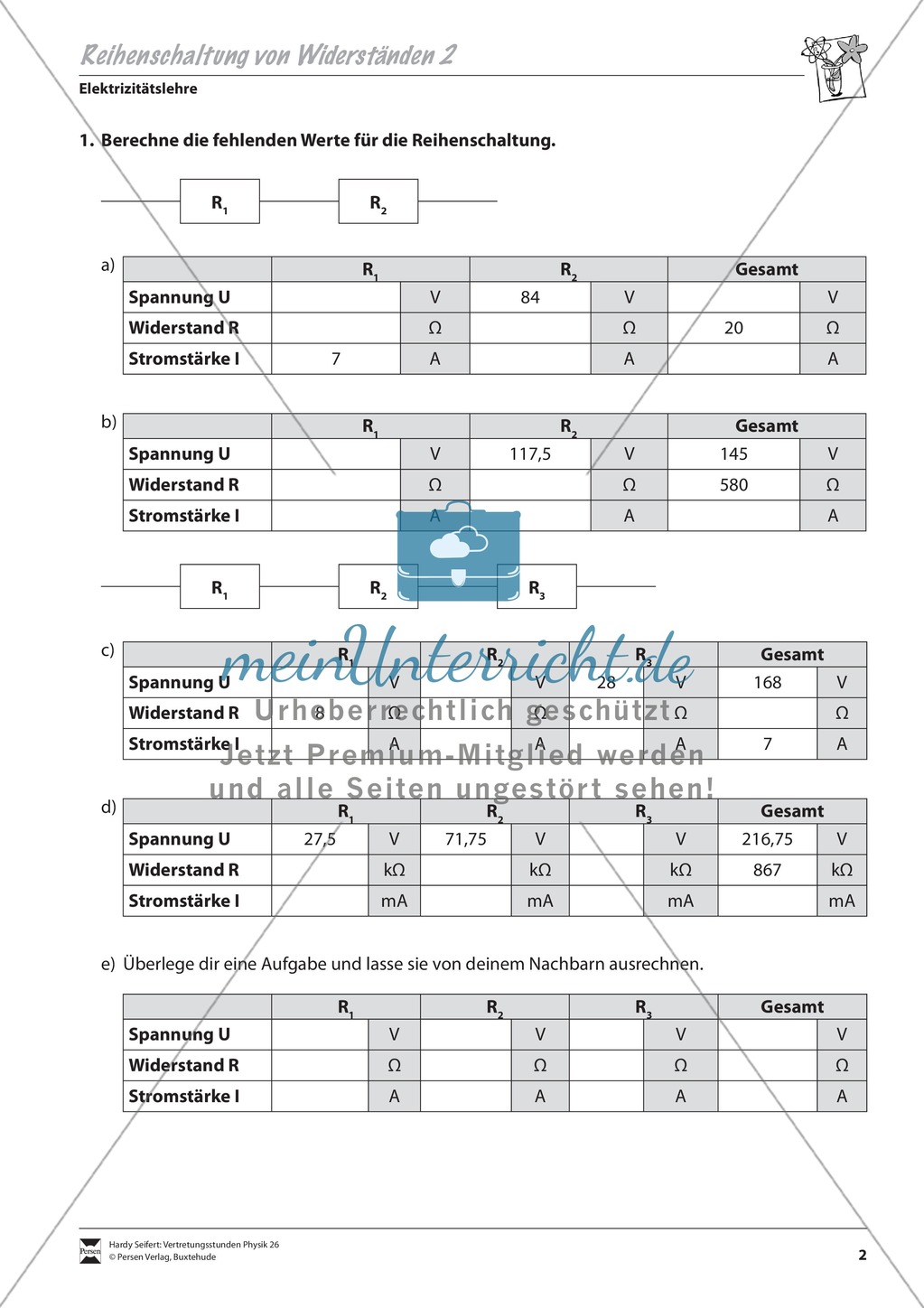 Elektrizitätslehre: Reihenschaltung von Widerständen - Aufgaben + Lösungen Preview 2