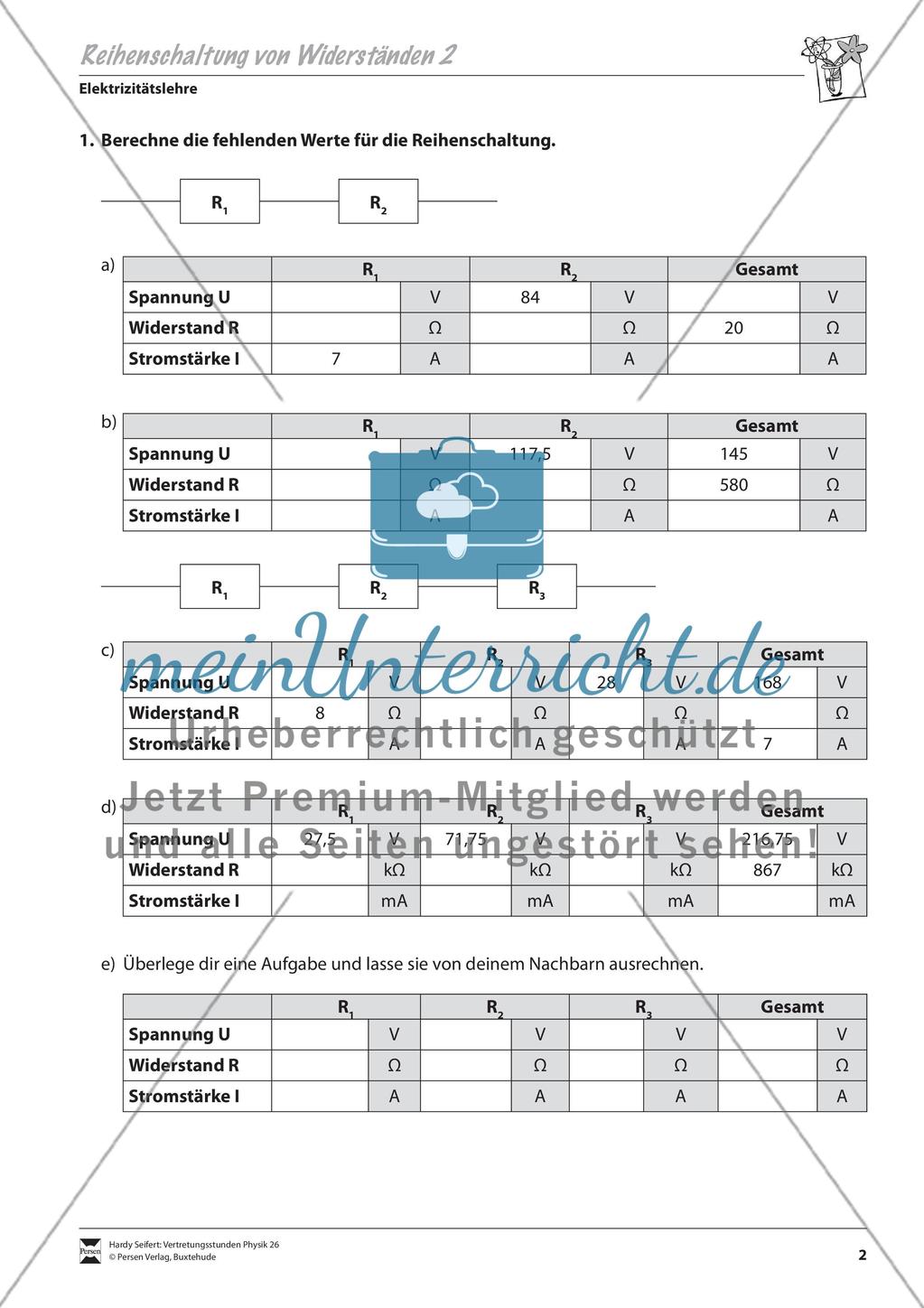 Elektrizitätslehre: Reihenschaltung von Widerständen - Aufgaben + Lösungen Preview 2