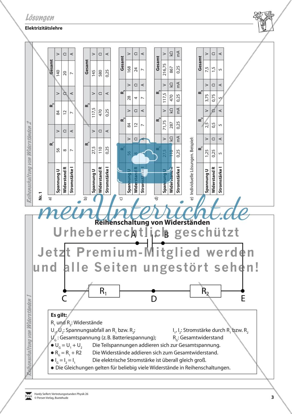Elektrizitätslehre: Reihenschaltung von Widerständen - Aufgaben + Lösungen Preview 3