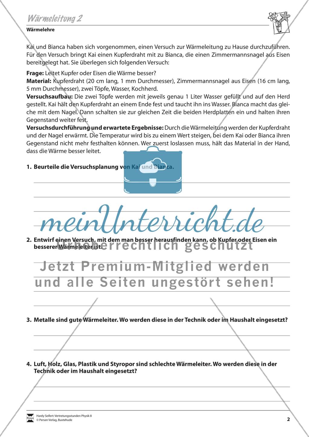 Wärmelehre: Wärmeleitung von verschiedenen Stoffen. Mit Schülerversuch, Aufgaben und Lösungen. Preview 2