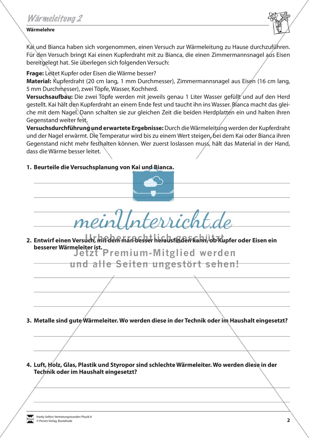 Wärmelehre: Wärmeleitung von verschiedenen Stoffen. Mit Schülerversuch, Aufgaben und Lösungen. Preview 2