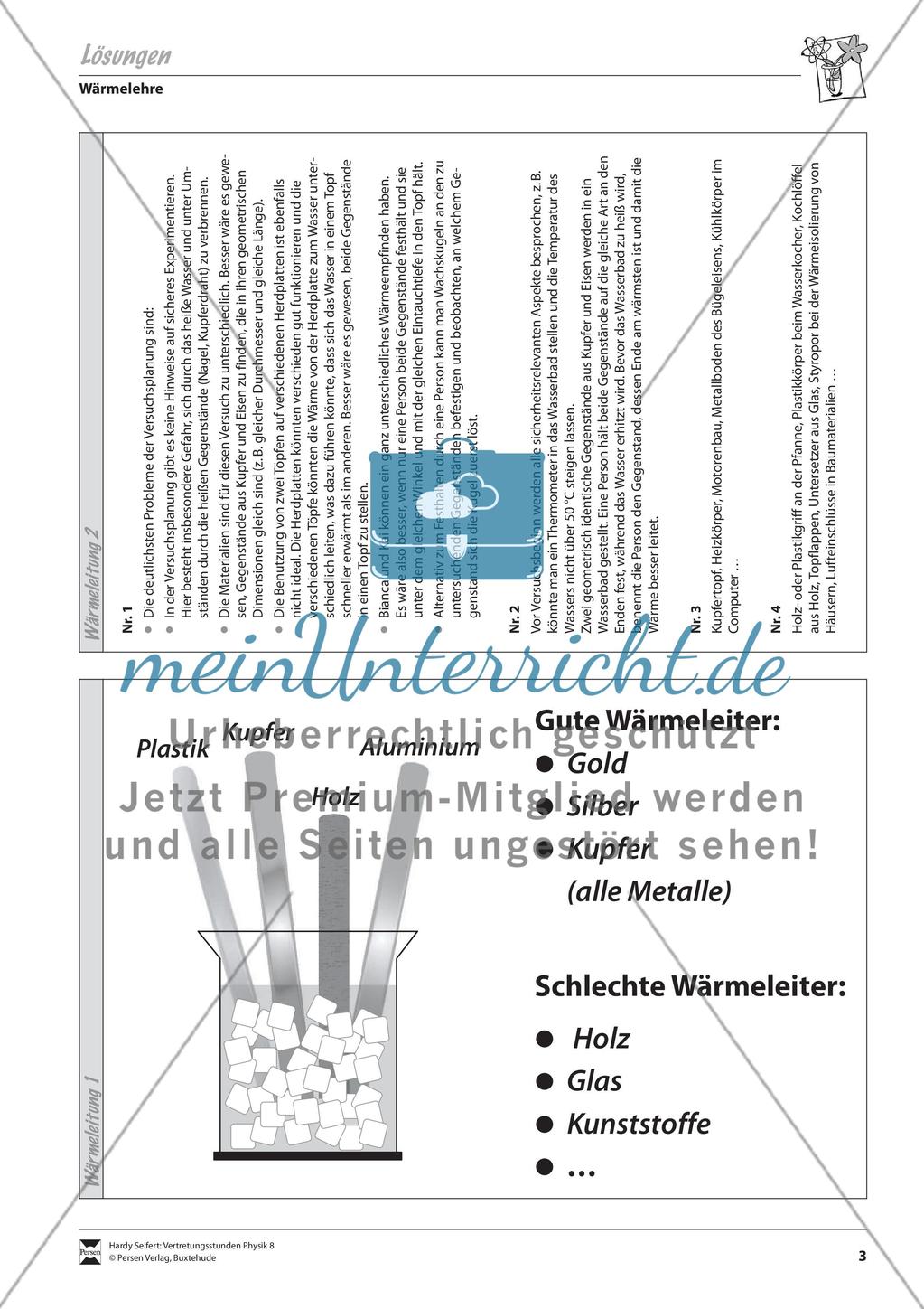 Wärmelehre: Wärmeleitung von verschiedenen Stoffen. Mit Schülerversuch, Aufgaben und Lösungen. Preview 3