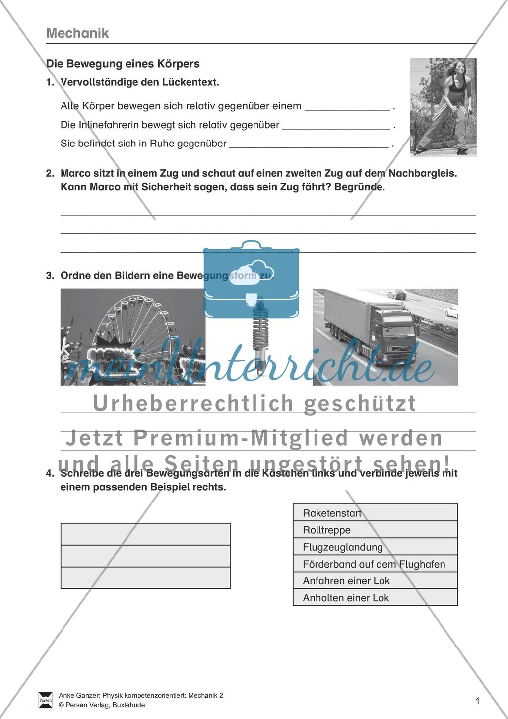 Mechanik: allgemeine Bewegungen von Körpern, gleichförmige Bewegungen und Weg-Zeit-Diagramme. Mit Aufgaben, Lernzielkontrolle / Test und Lösungen. Preview 1