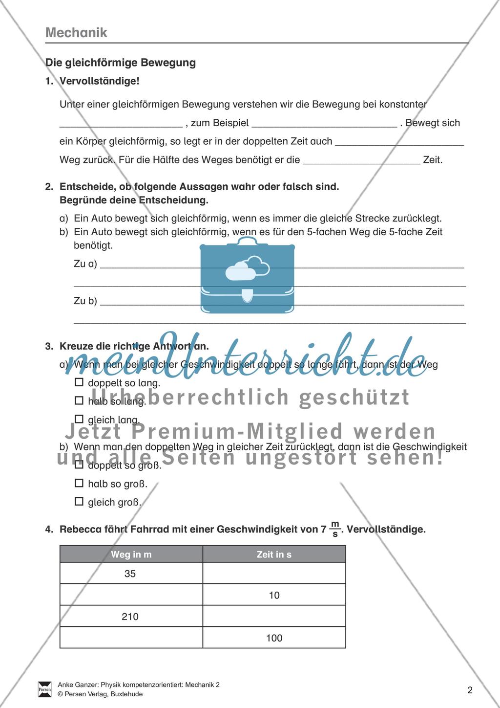 Mechanik: allgemeine Bewegungen von Körpern, gleichförmige Bewegungen und Weg-Zeit-Diagramme. Mit Aufgaben, Lernzielkontrolle / Test und Lösungen. Preview 2