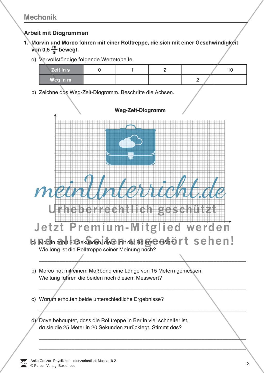 Mechanik: allgemeine Bewegungen von Körpern, gleichförmige Bewegungen und Weg-Zeit-Diagramme. Mit Aufgaben, Lernzielkontrolle / Test und Lösungen. Preview 3