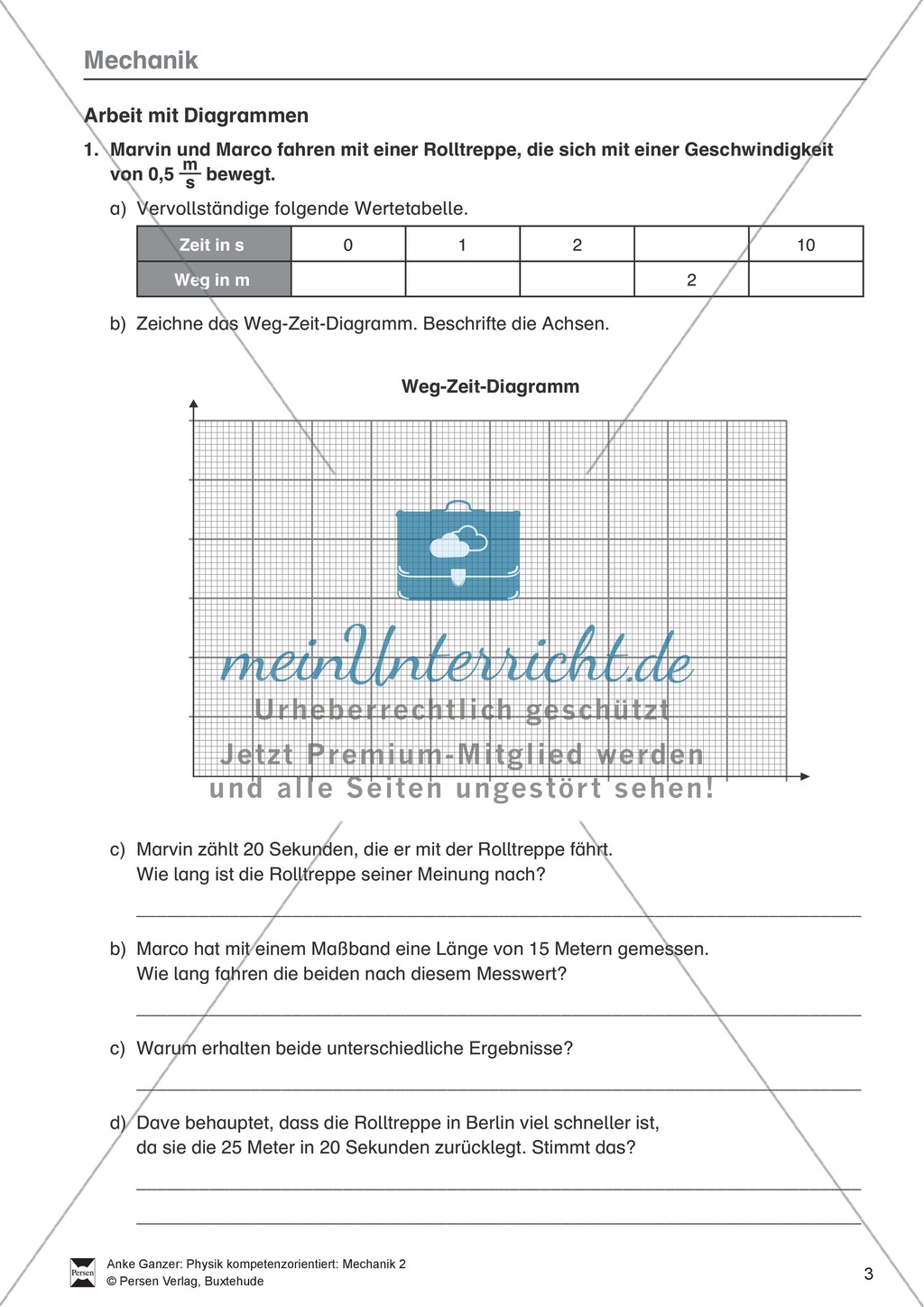 Mechanik: allgemeine Bewegungen von Körpern, gleichförmige Bewegungen und Weg-Zeit-Diagramme. Mit Aufgaben, Lernzielkontrolle / Test und Lösungen. Preview 3