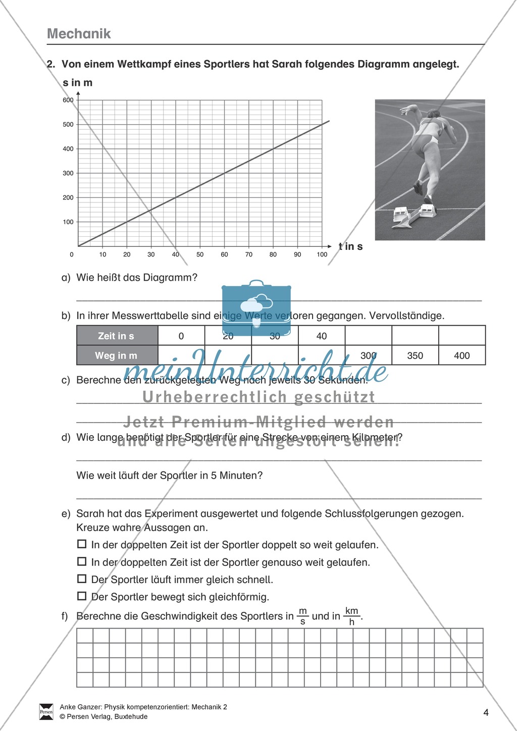 Mechanik: allgemeine Bewegungen von Körpern, gleichförmige Bewegungen und Weg-Zeit-Diagramme. Mit Aufgaben, Lernzielkontrolle / Test und Lösungen. Preview 4