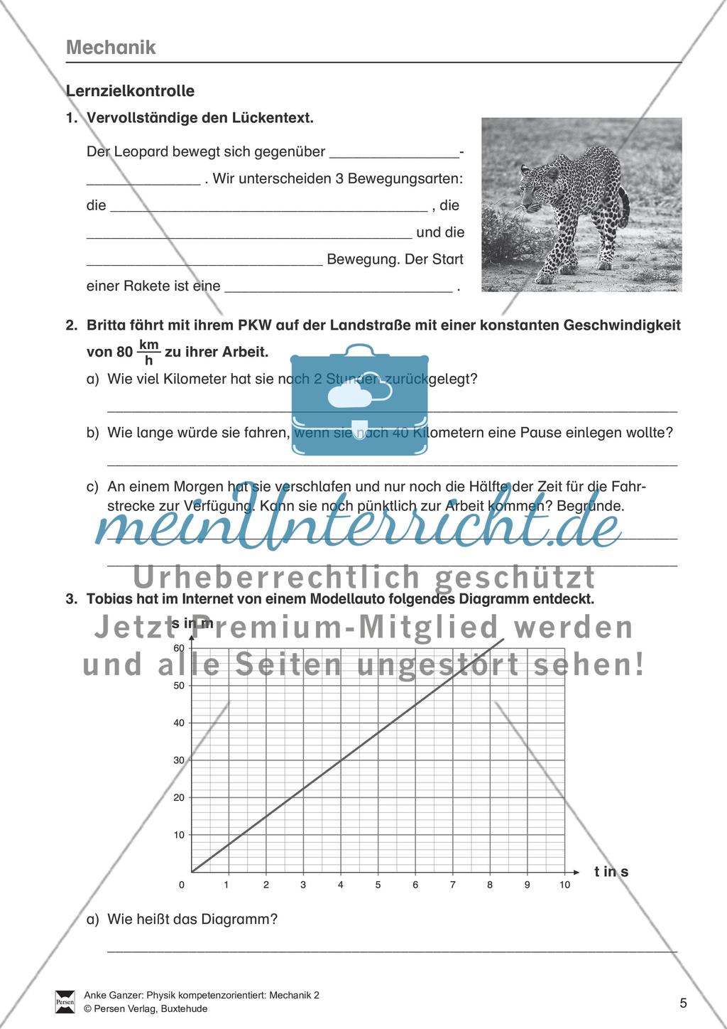 Mechanik: allgemeine Bewegungen von Körpern, gleichförmige Bewegungen und Weg-Zeit-Diagramme. Mit Aufgaben, Lernzielkontrolle / Test und Lösungen. Preview 5