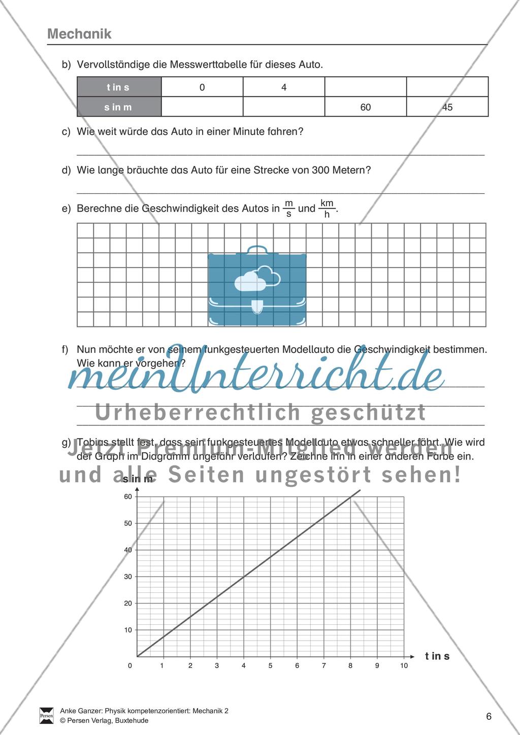 Mechanik: allgemeine Bewegungen von Körpern, gleichförmige Bewegungen und Weg-Zeit-Diagramme. Mit Aufgaben, Lernzielkontrolle / Test und Lösungen. Preview 6
