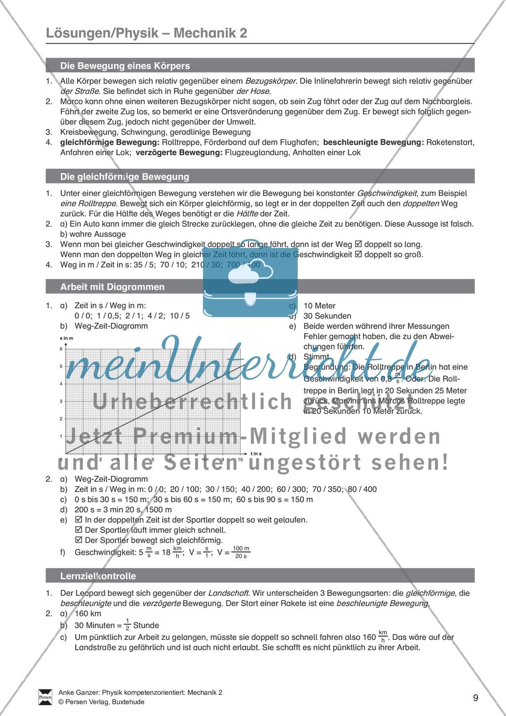 Mechanik: allgemeine Bewegungen von Körpern, gleichförmige Bewegungen und Weg-Zeit-Diagramme. Mit Aufgaben, Lernzielkontrolle / Test und Lösungen. Preview 7