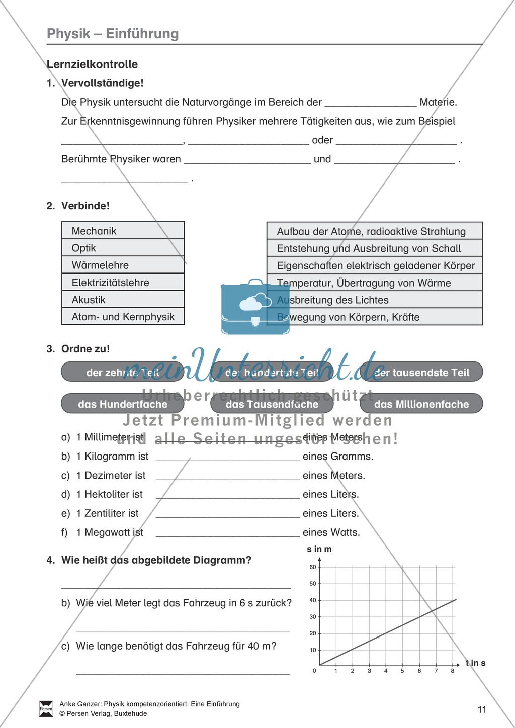 Einführung in Physik: Test / Lernzielkontrolle über Teilgebiete der Physik, Einheiten, Diagramme mit Lösungen. Preview 1