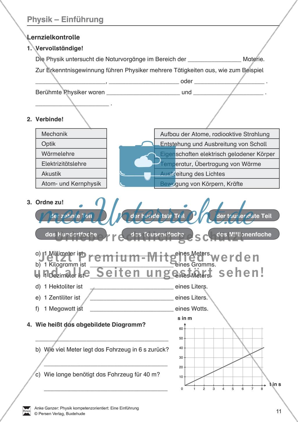 Einführung in Physik: Test / Lernzielkontrolle über Teilgebiete der Physik, Einheiten, Diagramme mit Lösungen. Preview 1