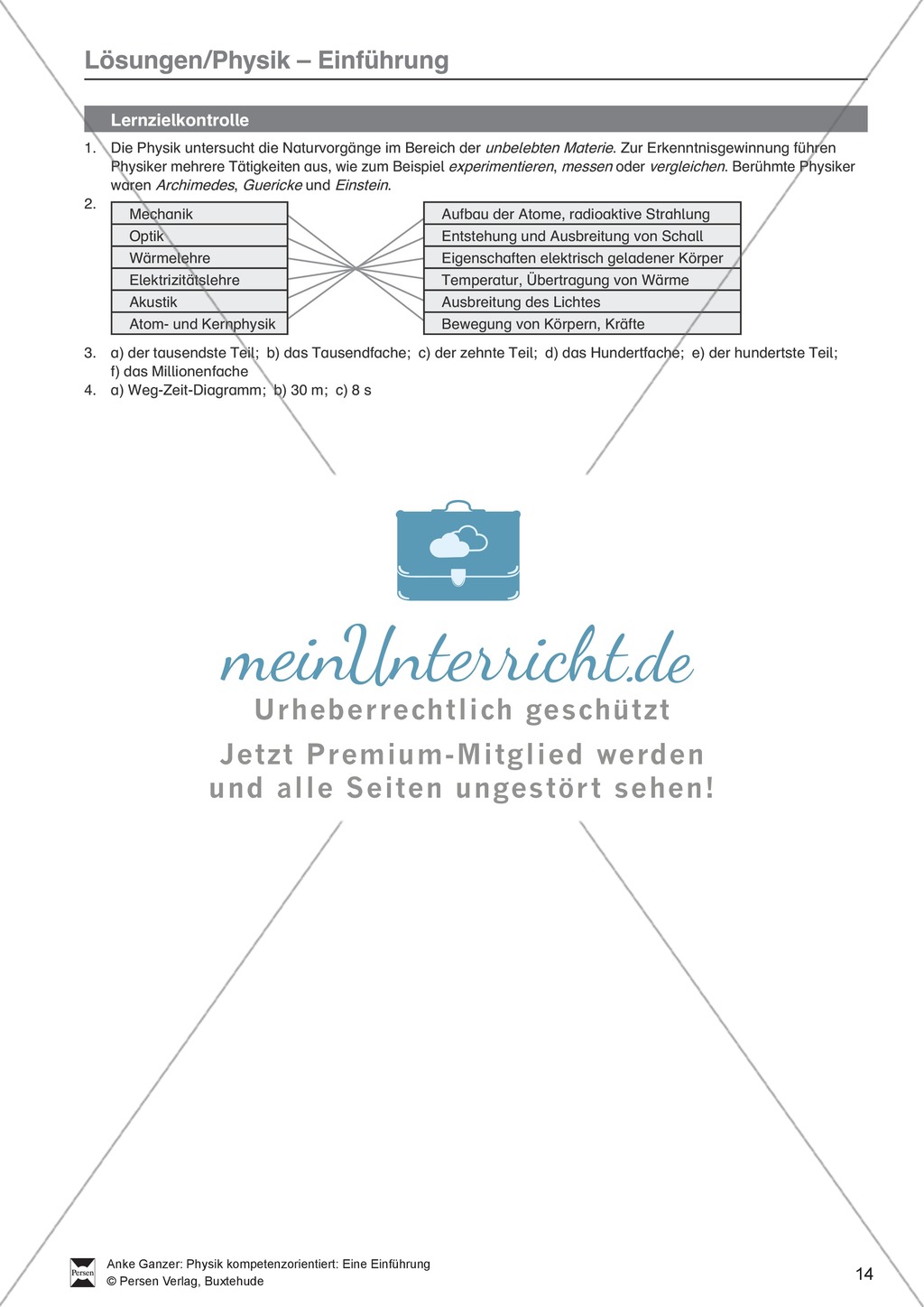 Einführung in Physik: Test / Lernzielkontrolle über Teilgebiete der Physik, Einheiten, Diagramme mit Lösungen. Preview 2