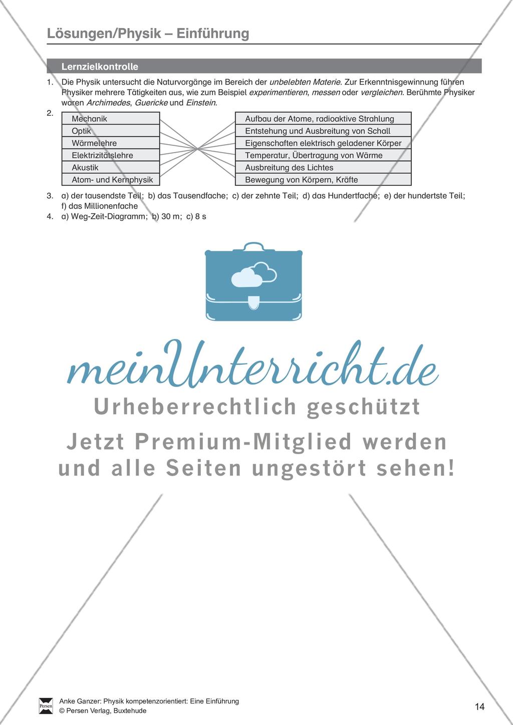 Einführung in Physik: Test / Lernzielkontrolle über Teilgebiete der Physik, Einheiten, Diagramme mit Lösungen. Preview 2