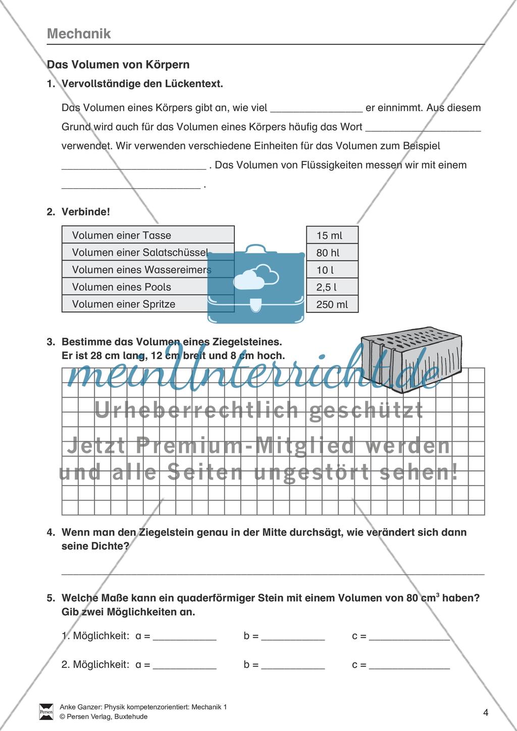 Mechanik: Volumen, Masse und Dichte eines Körpers, Archimedisches Prinzip. Mit Infotext, Aufgaben und Lösungen. Preview 1