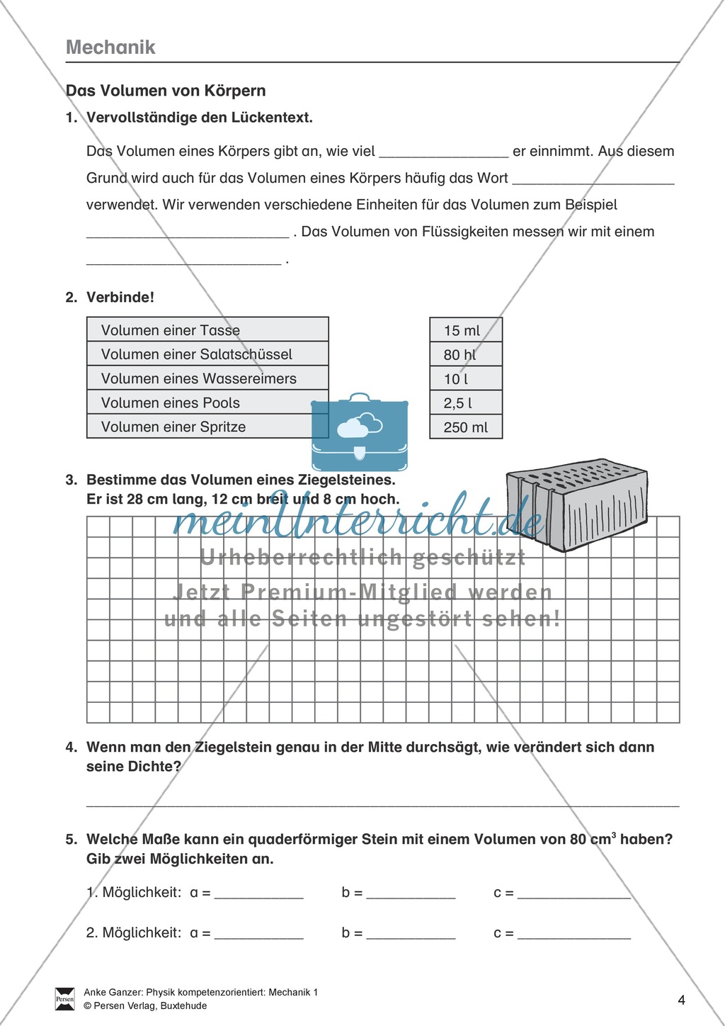 Mechanik: Volumen, Masse und Dichte eines Körpers, Archimedisches Prinzip. Mit Infotext, Aufgaben und Lösungen. Preview 1