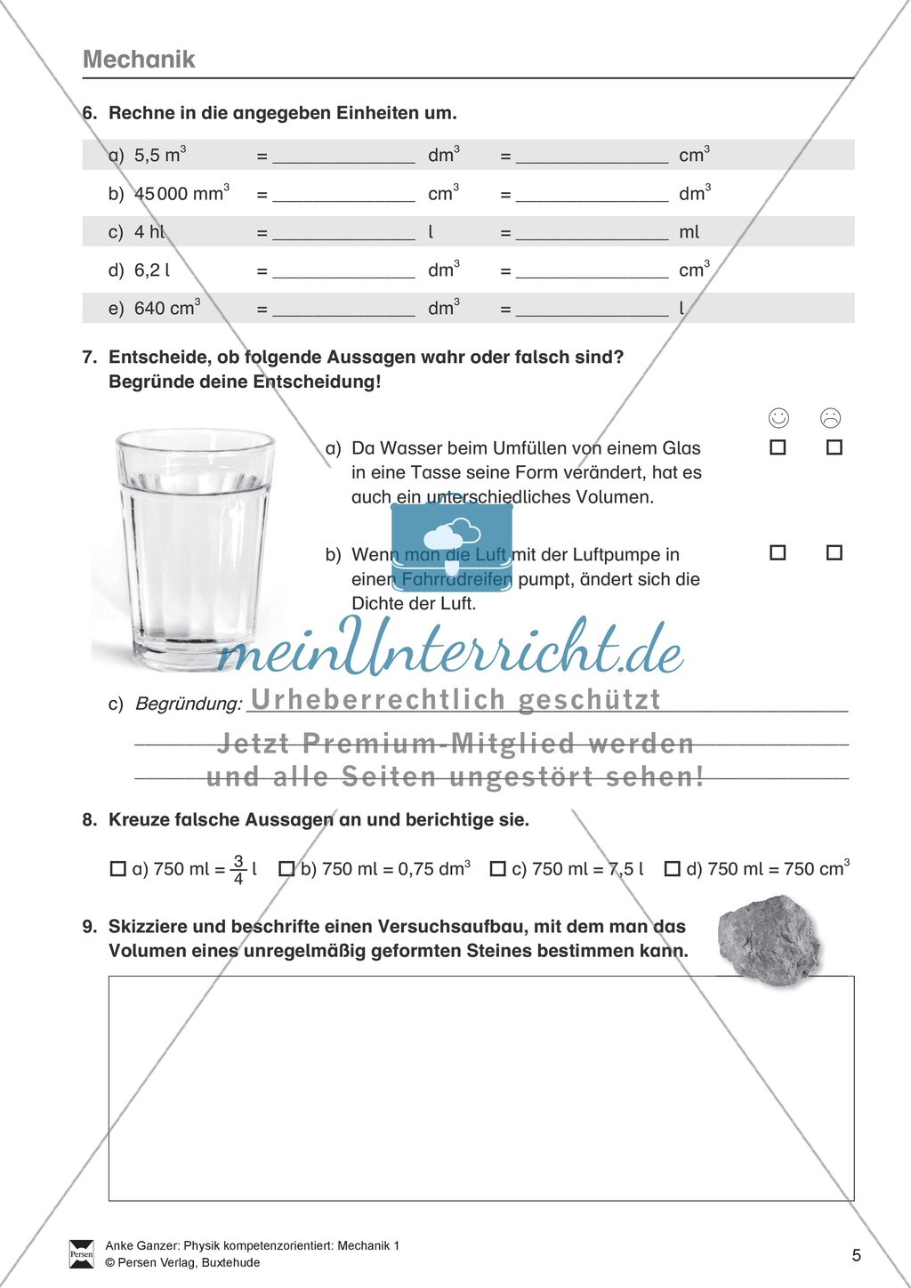 Mechanik: Volumen, Masse und Dichte eines Körpers, Archimedisches Prinzip. Mit Infotext, Aufgaben und Lösungen. Preview 2