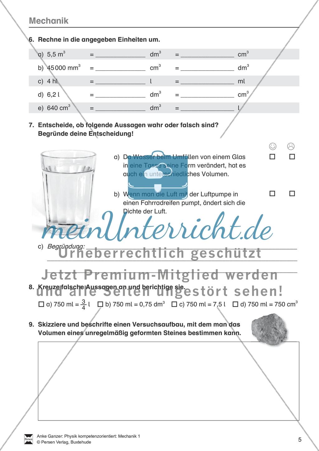 Mechanik: Volumen, Masse und Dichte eines Körpers, Archimedisches Prinzip. Mit Infotext, Aufgaben und Lösungen. Preview 2