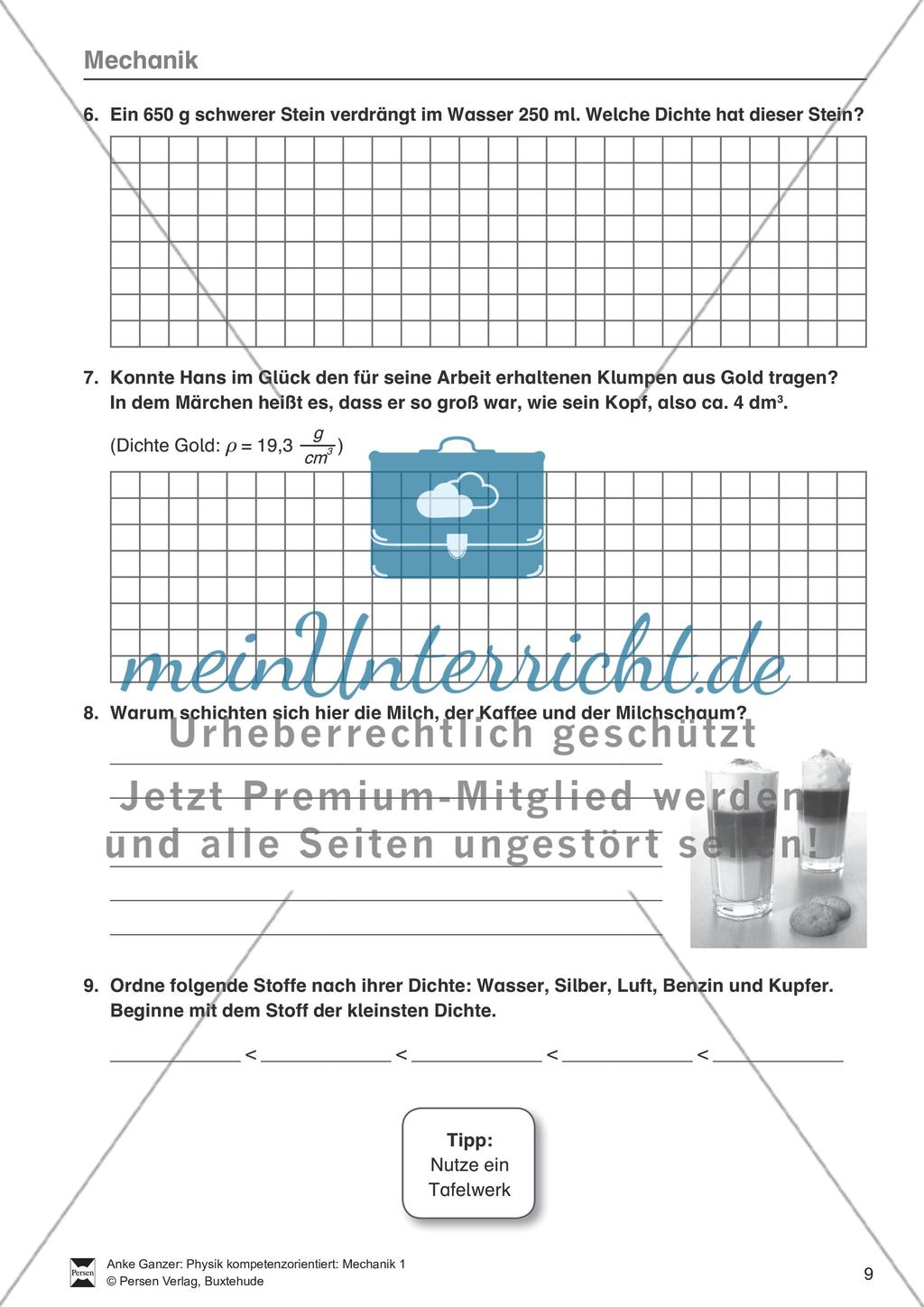 Mechanik: Volumen, Masse und Dichte eines Körpers, Archimedisches Prinzip. Mit Infotext, Aufgaben und Lösungen. Preview 6